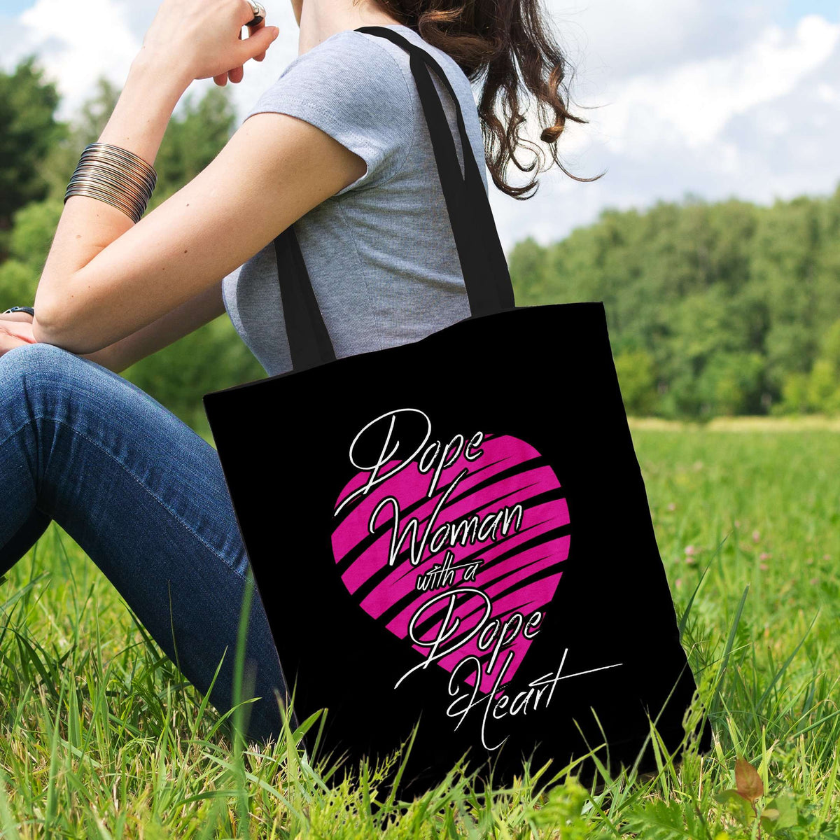 Designs by MyUtopia Shout Out:Dope Woman with a Dope Heart Fabric Totebag Reusable Shopping Tote