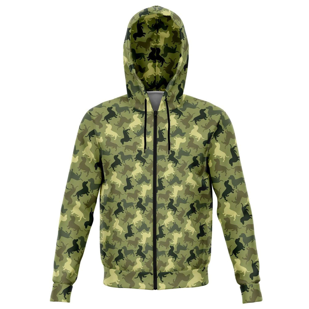 Designs by MyUtopia Shout Out:Doxie Shaped Camo Print Fleace Lined Fashion Hooded Jacket,XS,Fashion Zip-Up Hoodie - AOP