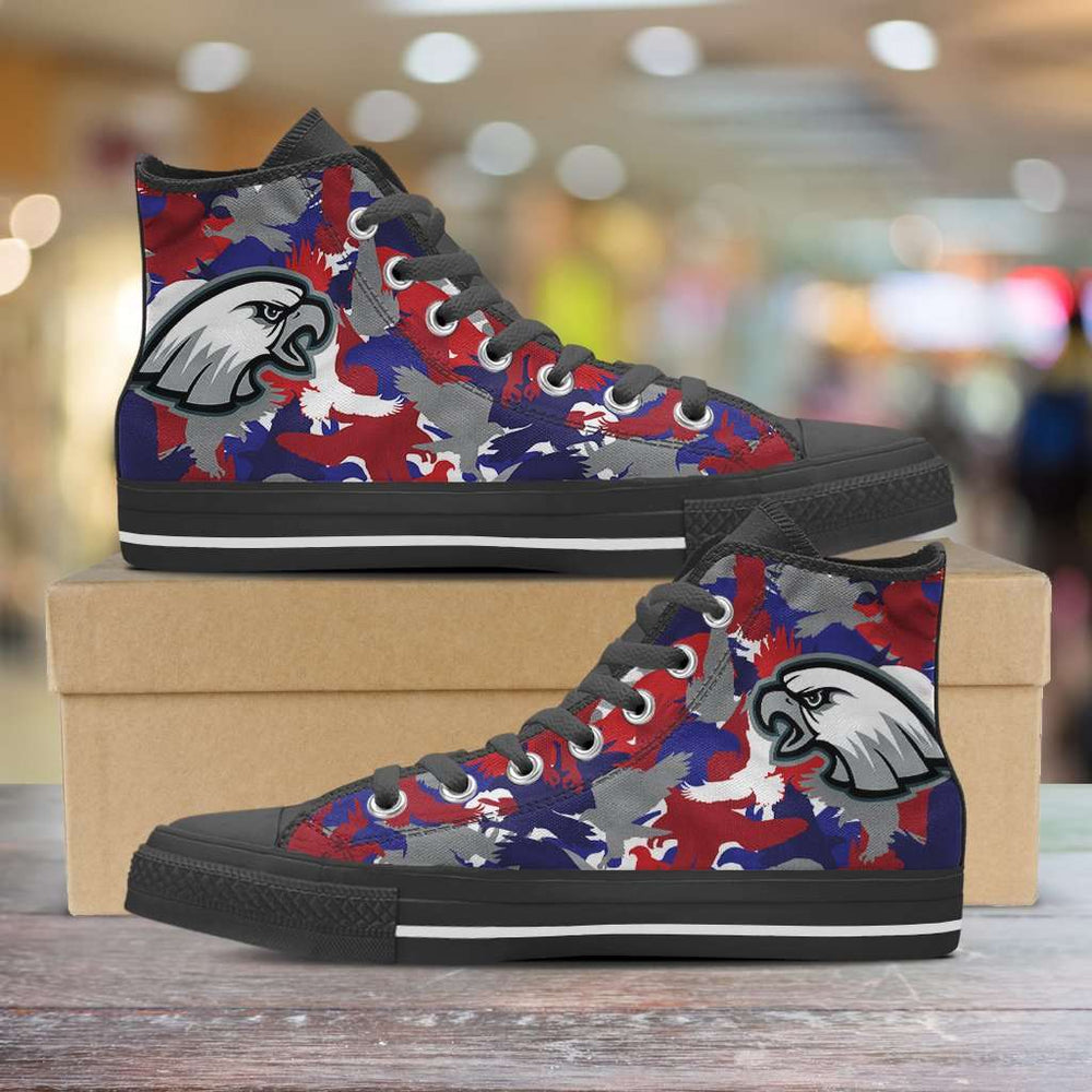 Designs by MyUtopia Shout Out:Eagles Fan Art on Red White and Blue Eagles Camo Print Canvas High Top Shoes,Men's / Mens US 5 (EU38) / Red/Blue/White Camouflage,High Top Sneakers