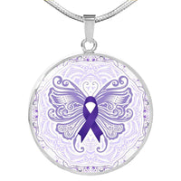 Load image into Gallery viewer, Designs by MyUtopia Shout Out:Epilepsy Awareness Butterfly Engravable Keepsake Round Pendant Necklace,Silver / No,Necklace
