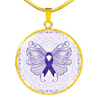 Load image into Gallery viewer, Designs by MyUtopia Shout Out:Epilepsy Awareness Butterfly Engravable Keepsake Round Pendant Necklace,Gold / No,Necklace
