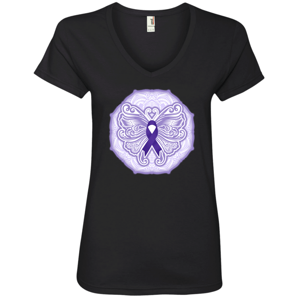 Designs by MyUtopia Shout Out:Epilepsy Awareness Butterfly Ladies' V-Neck T-Shirt,Black / S,Ladies T-Shirts