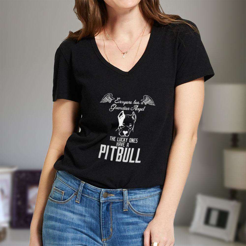 Designs by MyUtopia Shout Out:Everyone Has A Guardian Angel, The Lucky Ones Have A Pitbull Adult Unisex V Neck Tee