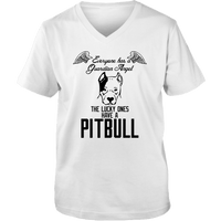 Load image into Gallery viewer, Designs by MyUtopia Shout Out:Everyone Has A Guardian Angel, The Lucky Ones Have A Pitbull Adult Unisex V Neck Tee,White / S,Ladies T-Shirts
