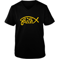 Load image into Gallery viewer, Designs by MyUtopia Shout Out:Faith Fish Christian Unisex V-Neck Tee,S / Black,Ladies T-Shirts

