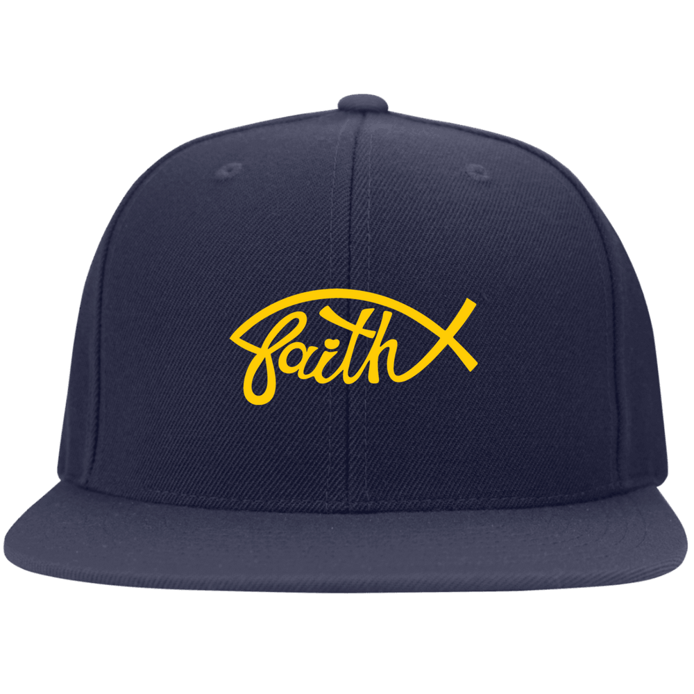 Designs by MyUtopia Shout Out:Faith Fish Embroidered Flat Bill Twill Flex-fit Cap - Navy Blue,Navy / S/M,Hats