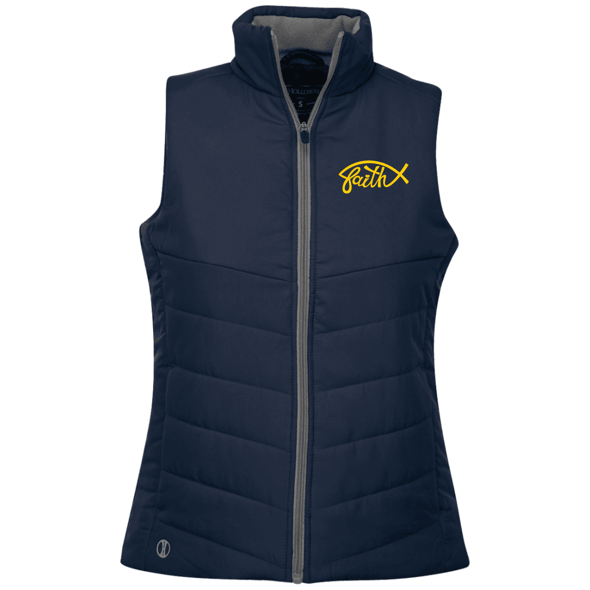 Designs by MyUtopia Shout Out:Faith Fish Embroidered Holloway Ladies' Quilted Vest - Navy Blue,Navy / X-Small,Jackets