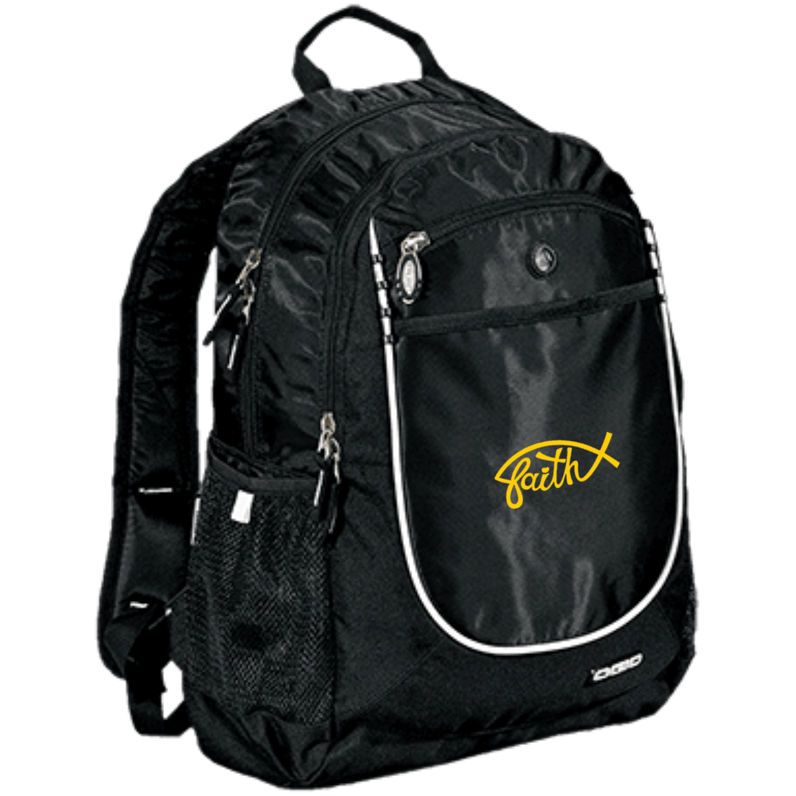 Designs by MyUtopia Shout Out:Faith Fish Embroidered OGIO Rugged Bookbag Backpack - Black,Black / One Size,Backpacks