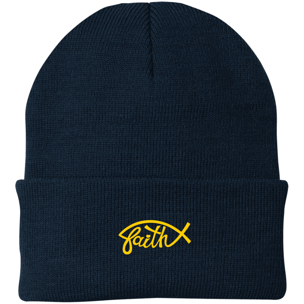 Designs by MyUtopia Shout Out:Faith Fish Embroidered Port Authority Knit Beanie Cap - Navy Blue,Navy / One Size,Hats