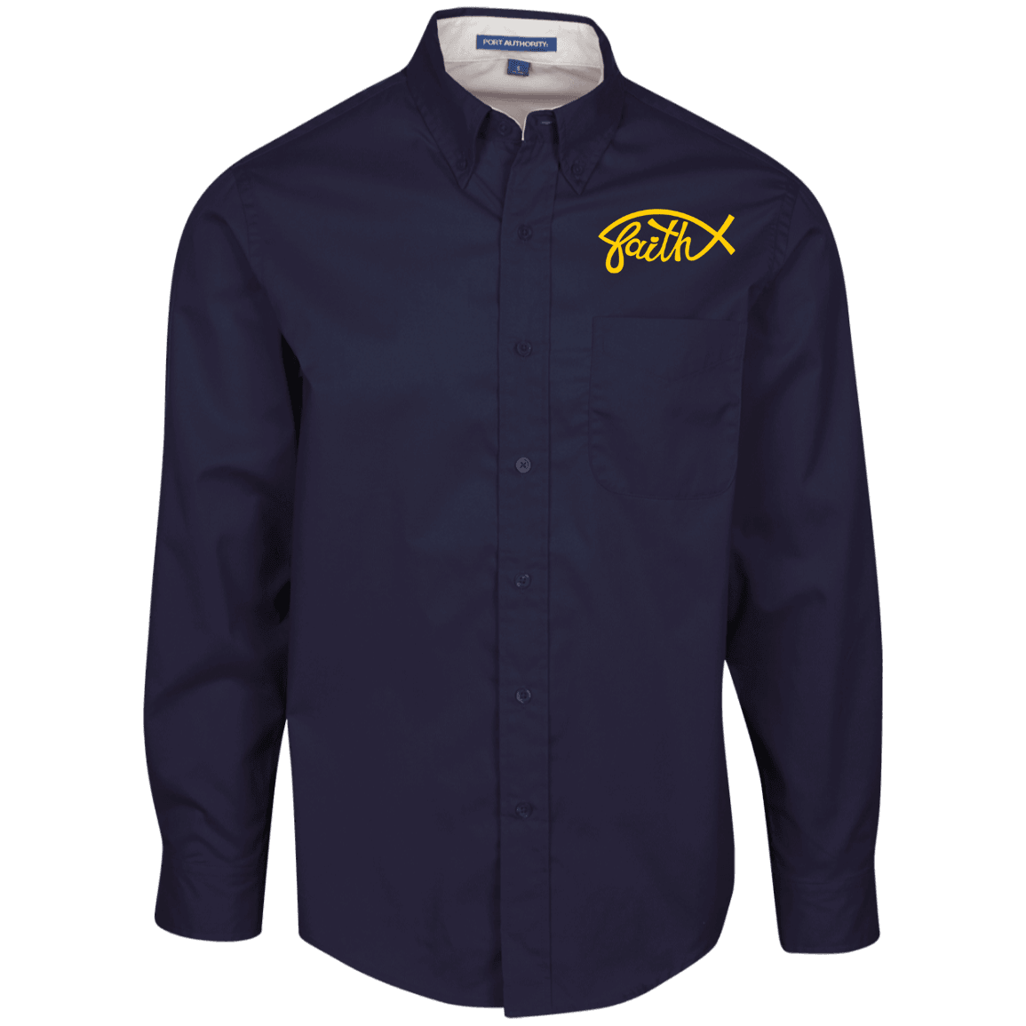 Designs by MyUtopia Shout Out:Faith Fish Embroidered Port Authority Men's Long Sleeve Dress Shirt - Navy Blue,Navy/Light Stone / X-Small,Dress Shirts