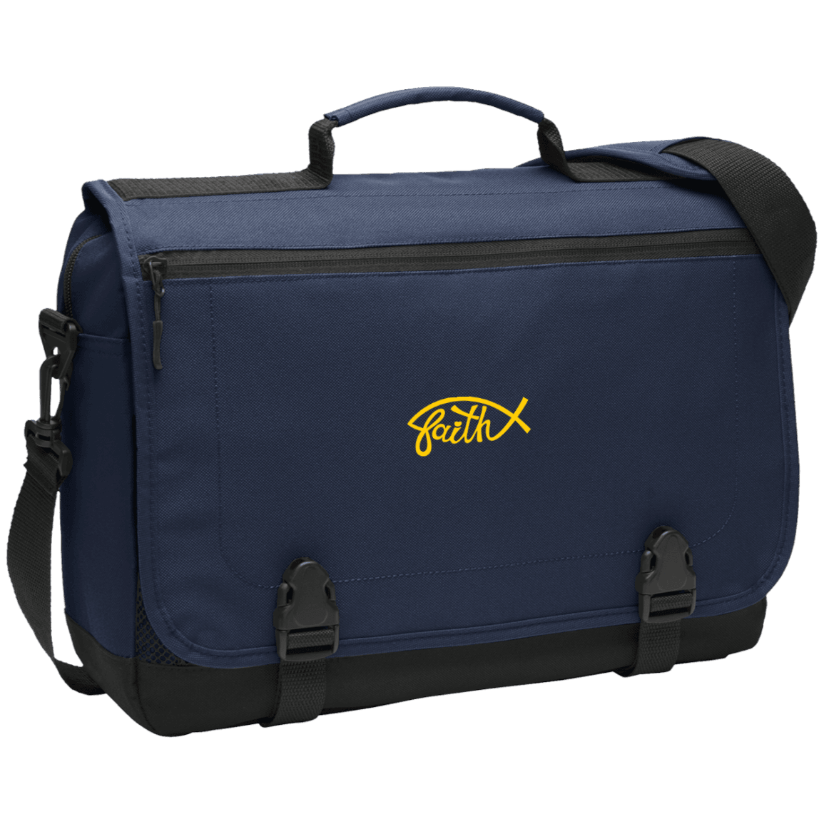 Designs by MyUtopia Shout Out:Faith Fish Embroidered Port Authority Messenger Briefcase - Navy Blue,Navy / One Size,Bags