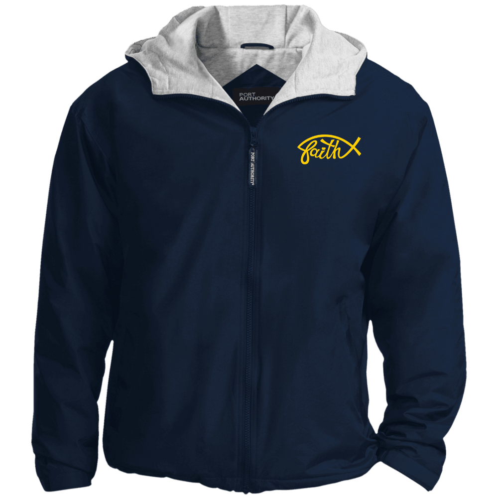 Designs by MyUtopia Shout Out:Faith Fish Embroidered Port Authority Team Jacket - Navy Blue,Bright Navy/Light Oxford / X-Small,Jackets