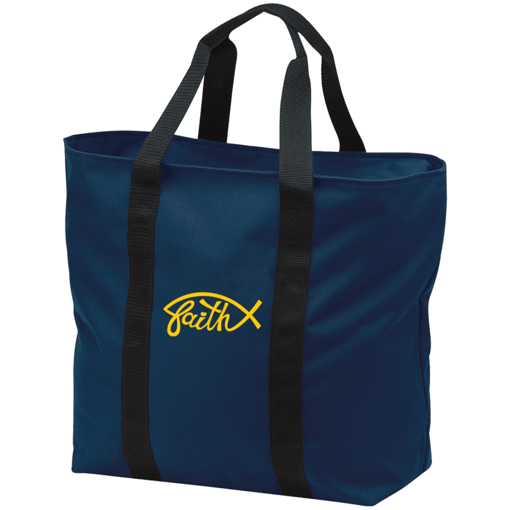Designs by MyUtopia Shout Out:Faith Fish Embroidered Port & Co. All Purpose Tote Bag - Navy Blue w Zipper Closure and side pocket,Navy/Black / One Size,Totebag