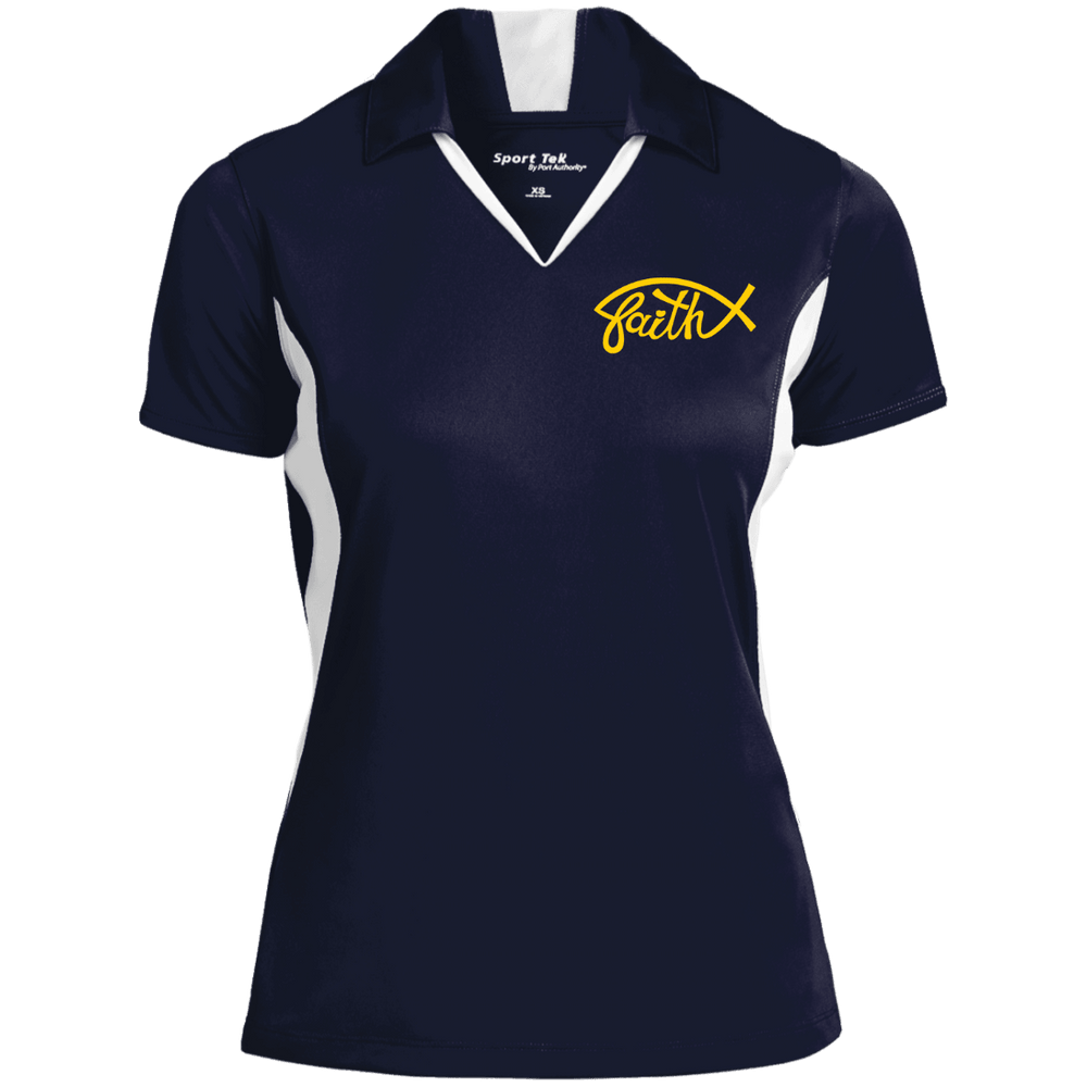 Designs by MyUtopia Shout Out:Faith Fish Embroidered Sport-Tek Ladies' Colorblock Performance Polo - Navy Blue,True Navy/White / X-Small,Polo Shirts