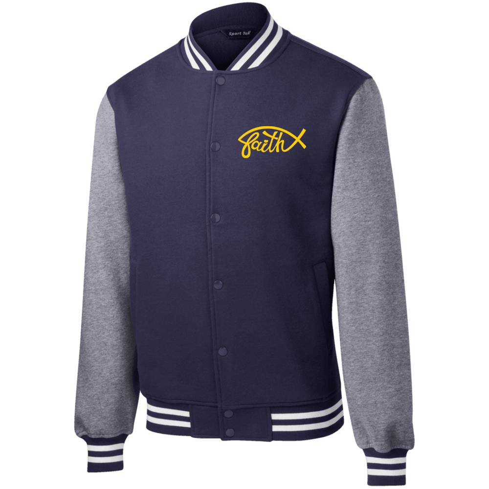 Designs by MyUtopia Shout Out:Faith Fish Embroidered Sport-Tek Mens Fleece Letterman Jacket - Navy Blue,True Navy/Vintage Heather / X-Small,Sweatshirts