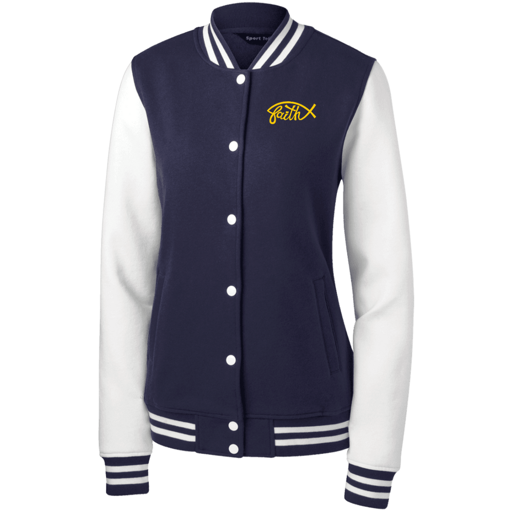 Designs by MyUtopia Shout Out:Faith Fish Embroidered Sport-Tek Women's Fleece Letterman Jacket - Navy Blue,True Navy/White / X-Small,Sweatshirts