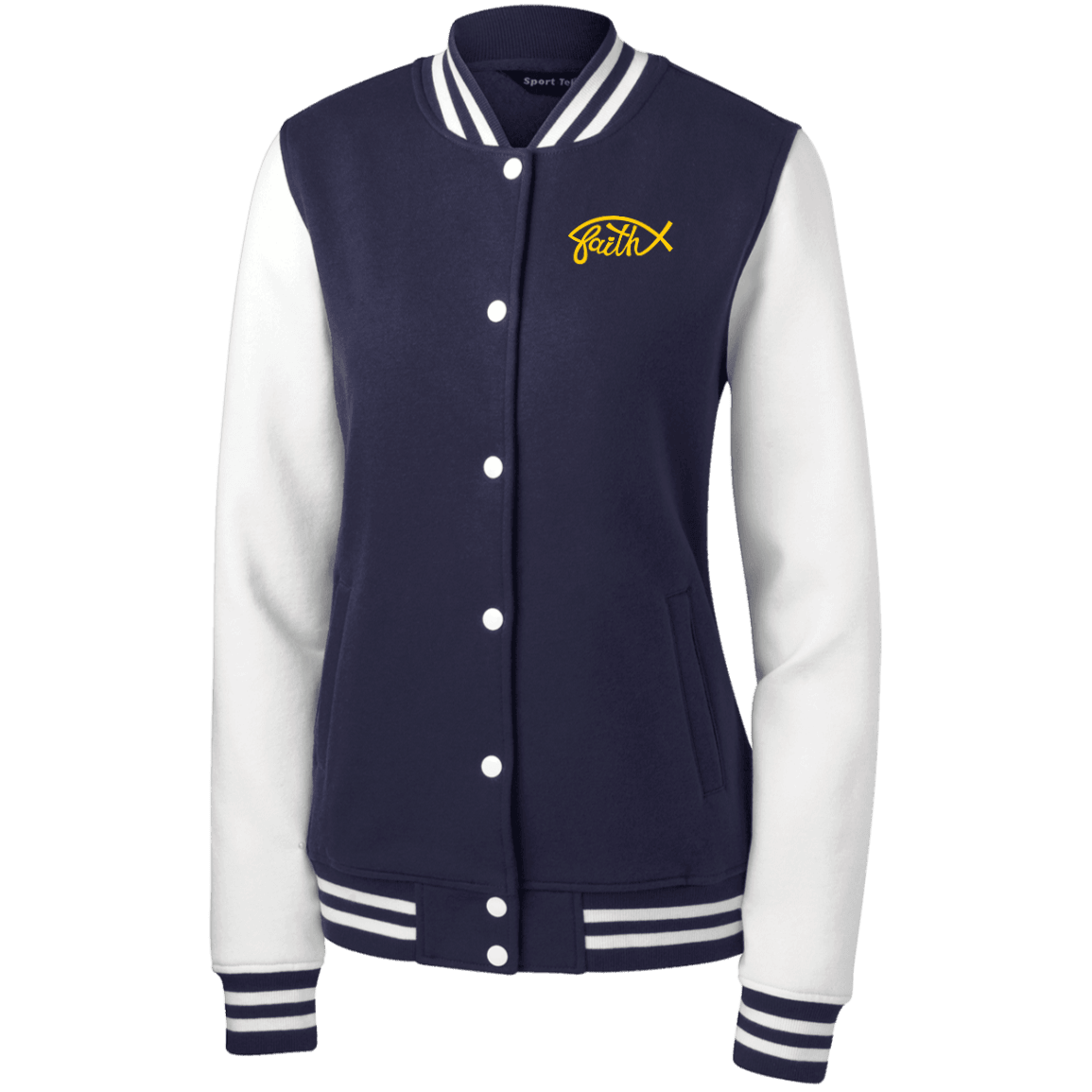 Designs by MyUtopia Shout Out:Faith Fish Embroidered Sport-Tek Women's Fleece Letterman Jacket - Navy Blue,True Navy/White / X-Small,Sweatshirts