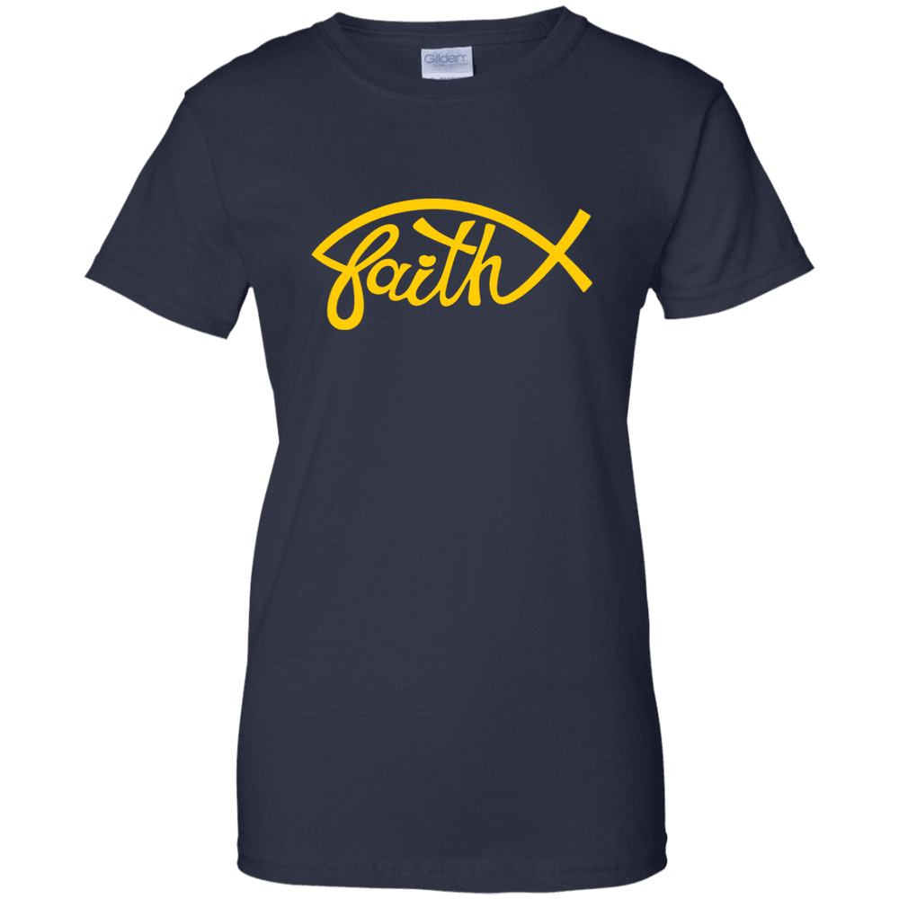 Designs by MyUtopia Shout Out:Faith Fish Ladies' 100% Cotton T-Shirt - Navy Blue,Navy / X-Small,Ladies T-Shirts