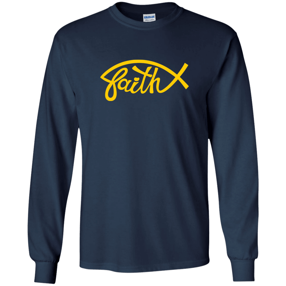 Designs by MyUtopia Shout Out:Faith Fish Long Sleeve Ultra Cotton T-Shirt - Navy Blue,Navy / S,Long Sleeve T-Shirts