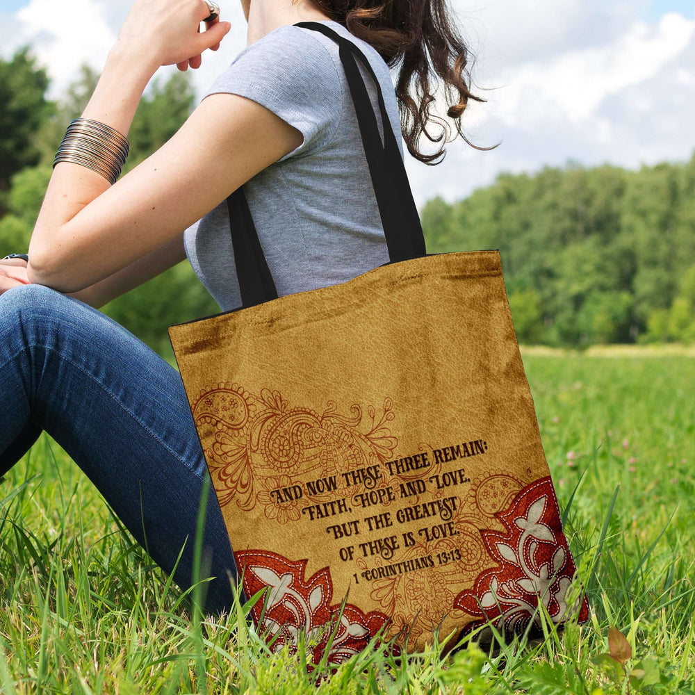 Designs by MyUtopia Shout Out:Faith Hope Love Bible 1 Corinthians 13:13 Verse Country Western Fabric Totebag Re-usable Shopping Tote