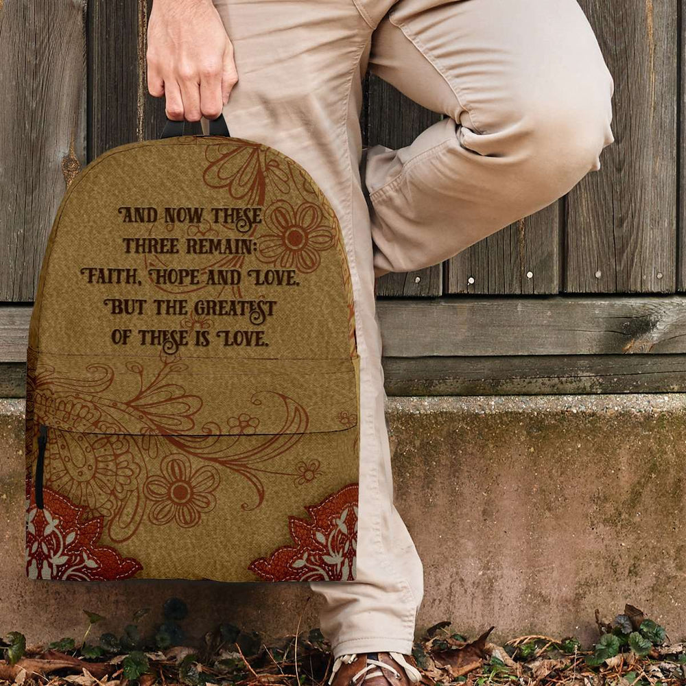 Designs by MyUtopia Shout Out:Faith Hope Love Bible Verse 1 Corinthians 13:13 Country Western Backpack,Tan / Large (18 x 14 x 8 inches) / Adult (Ages 13+),Backpacks