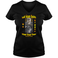 Load image into Gallery viewer, Designs by MyUtopia Shout Out:Faith is Bigger than your Fear Ladies V Neck Tee,S / Black,Ladies T-Shirts
