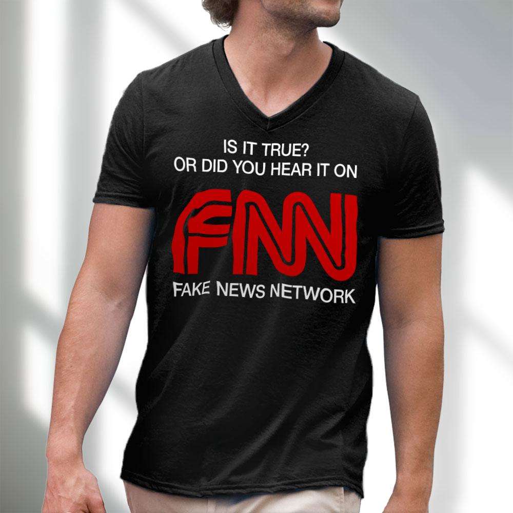 Designs by MyUtopia Shout Out:Fake News Network FNN Trump HUmor Men's Printed V-Neck T-Shirt