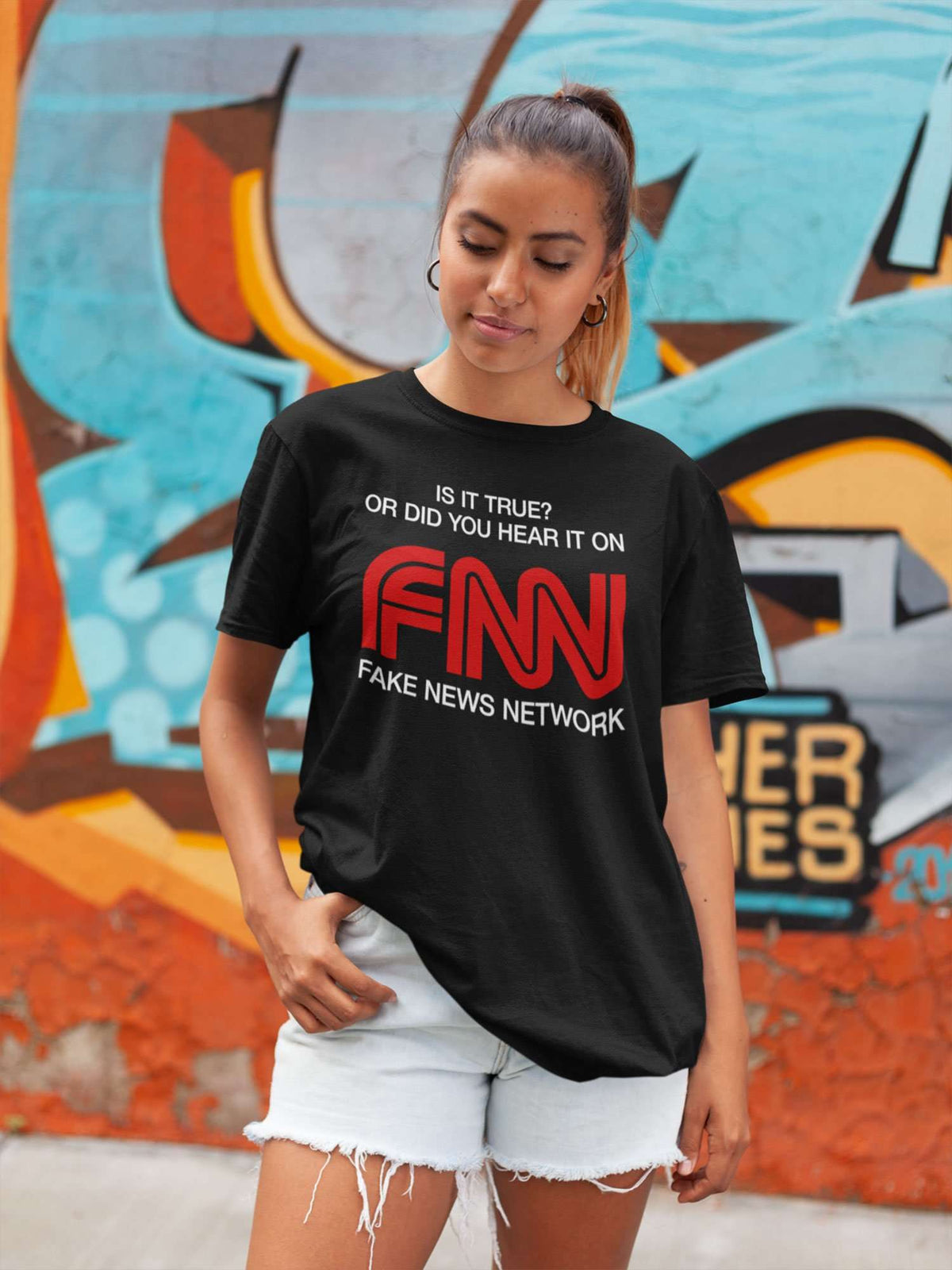 Designs by MyUtopia Shout Out:Fake News Network Trump Humor Unisex Jersey Short-Sleeve T-Shirt