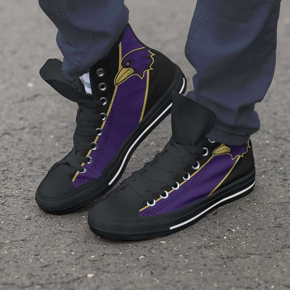 Designs by MyUtopia Shout Out:Fan Art Baltimore Canvas High Top Shoes,Men's / Mens US 5 (EU38) / Purple/Black,High Top Sneakers