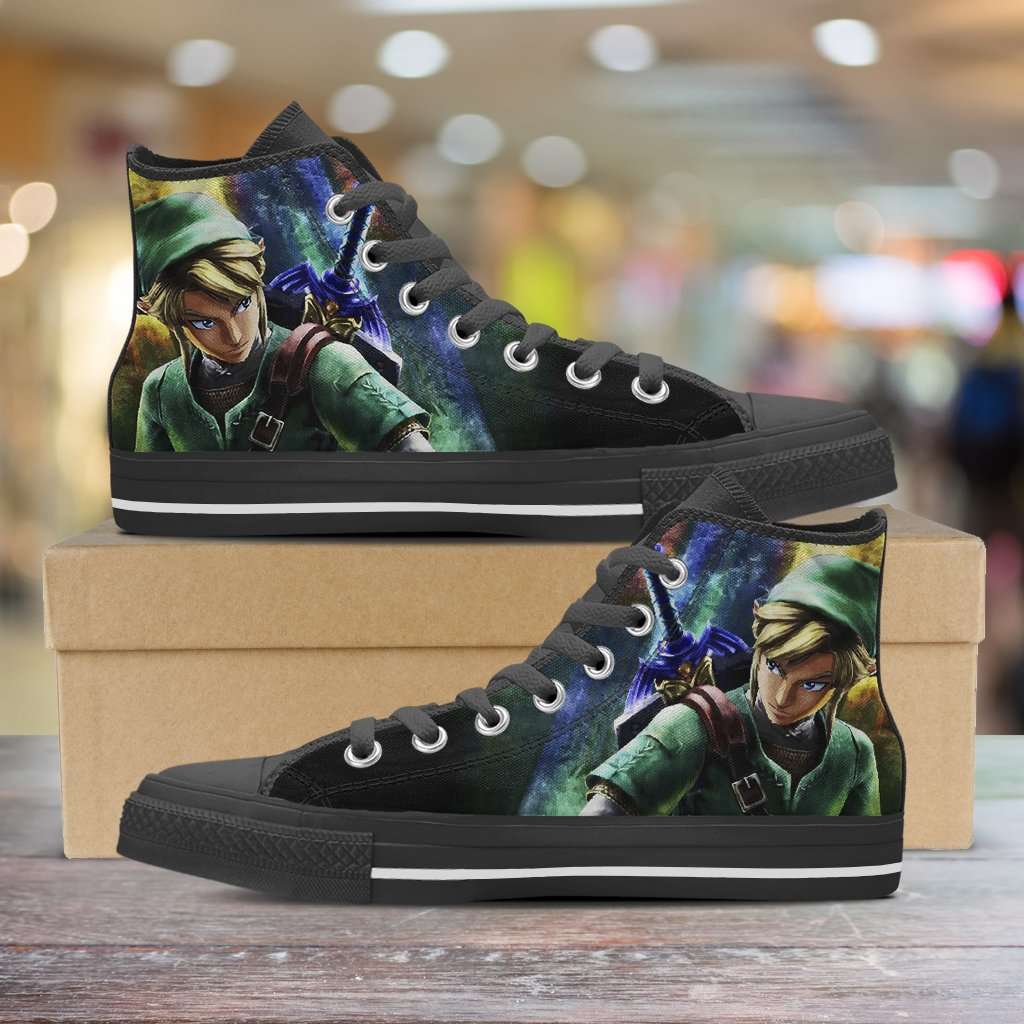 Designs by MyUtopia Shout Out:Fan Art Inspired by Legend of Zelda Video Game Series Canvas High Top Shoes,Men's / Mens US 5 (EU38) / Black/Green,High Top Sneakers