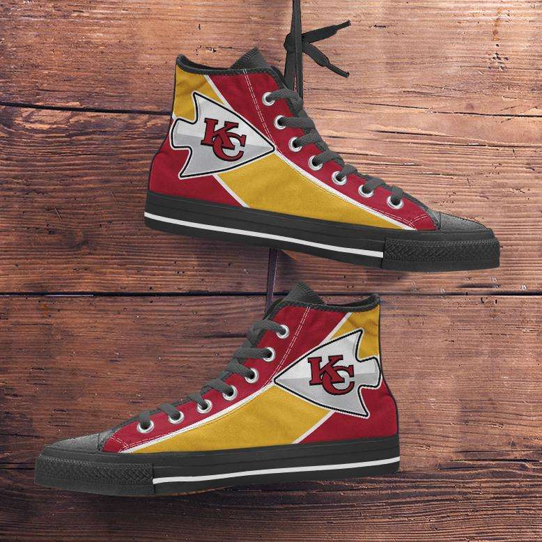 Designs by MyUtopia Shout Out:Fan Art Kansas City Canvas High Top Shoes,Men's / Mens US 5 (EU38) / Red/Yellow,High Top Sneakers