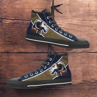 Load image into Gallery viewer, Designs by MyUtopia Shout Out:Fan Art LA Ram Canvas High Top Shoes,Men&#39;s / Mens US 5 (EU38) / Blue/Brown,High Top Sneakers
