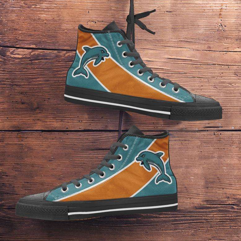 Designs by MyUtopia Shout Out:Fan Art Miami Dolphins Canvas High Top Shoes,Men's / Mens US 5 (EU38) / Aqua Green/Orange,High Top Sneakers