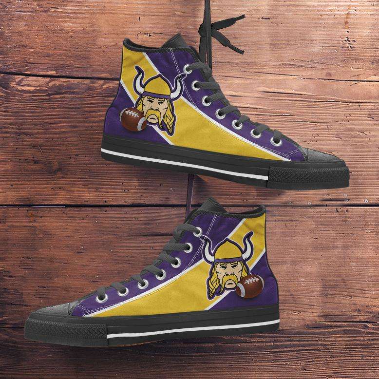 Designs by MyUtopia Shout Out:Fan Art Minnesota Vikings Canvas High Top Shoes,Men's / Mens US 5 (EU38) / Purple/Yellow,High Top Sneakers
