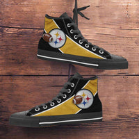 Load image into Gallery viewer, Designs by MyUtopia Shout Out:Fan Art Pittsburgh Canvas High Top Shoes,Men&#39;s / Mens US 5 (EU38) / Black/Yellow,High Top Sneakers
