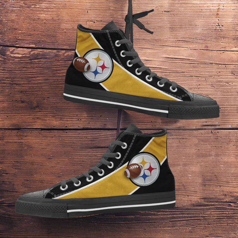 Designs by MyUtopia Shout Out:Fan Art Pittsburgh Canvas High Top Shoes,Men's / Mens US 5 (EU38) / Black/Yellow,High Top Sneakers