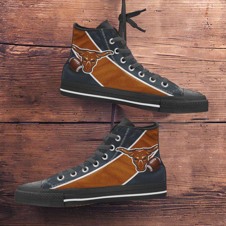 Designs by MyUtopia Shout Out:Fan Art Texas Longhorns Canvas High Top Shoes,Men's / Mens US 5 (EU38) / Burnt Orange/Black,High Top Sneakers
