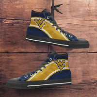 Load image into Gallery viewer, Designs by MyUtopia Shout Out:Fan Art West Virginia Canvas High Top Shoes,Men&#39;s / Mens US 5 (EU38) / Gold/Blue,High Top Sneakers

