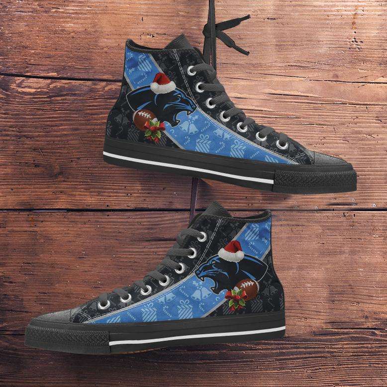 Designs by MyUtopia Shout Out:fans of the Carolina Panthers Christmas Football Pattern Canvas High Top Shoes,Men's / Mens US 5 (EU38) / Black/Blue,High Top Sneakers