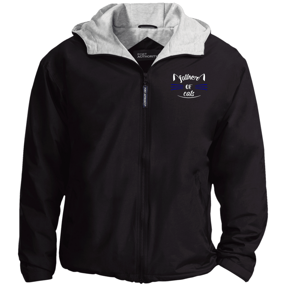 Designs by MyUtopia Shout Out:Father of Cats Embroidered Team Jacket,X-Small / Black/Light Oxford,Jackets