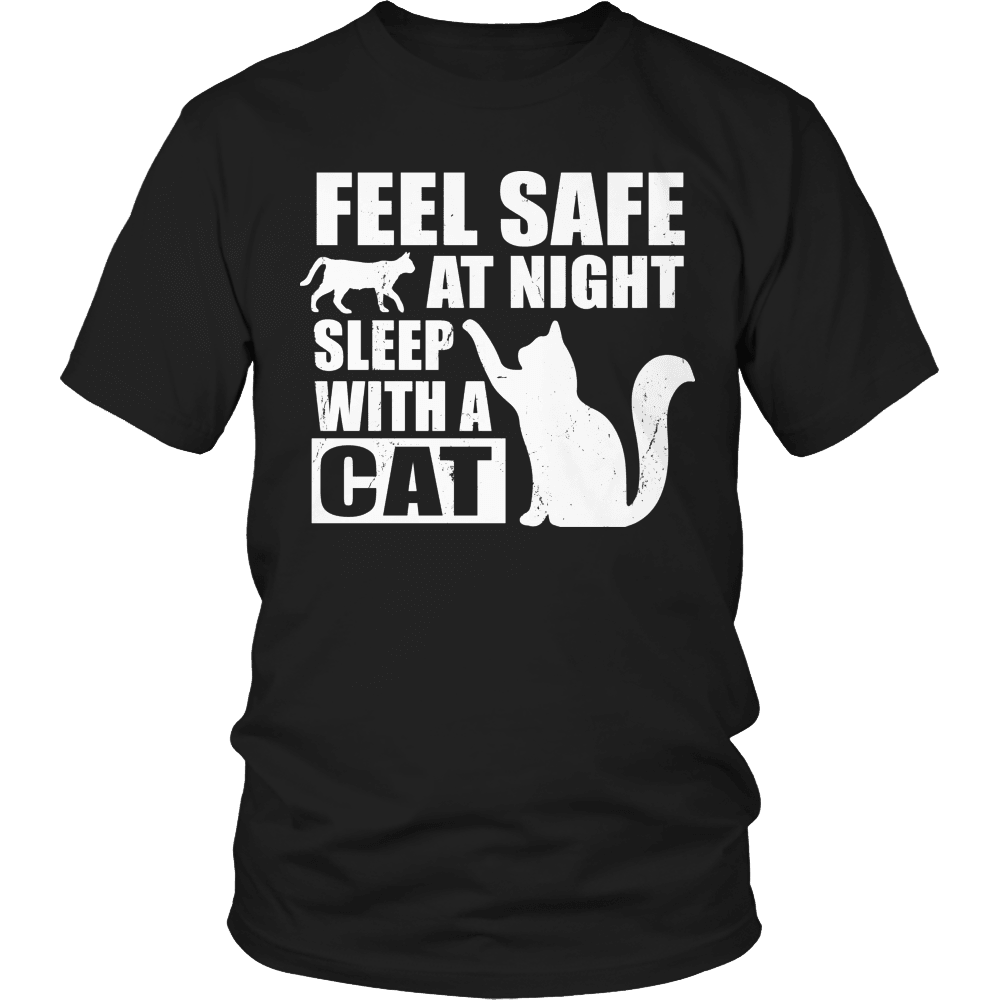 Designs by MyUtopia Shout Out:Feel Safe at Night Sleep With a Cat T-Shirt,Unisex Shirt / Black / S,Adult Unisex T-Shirt