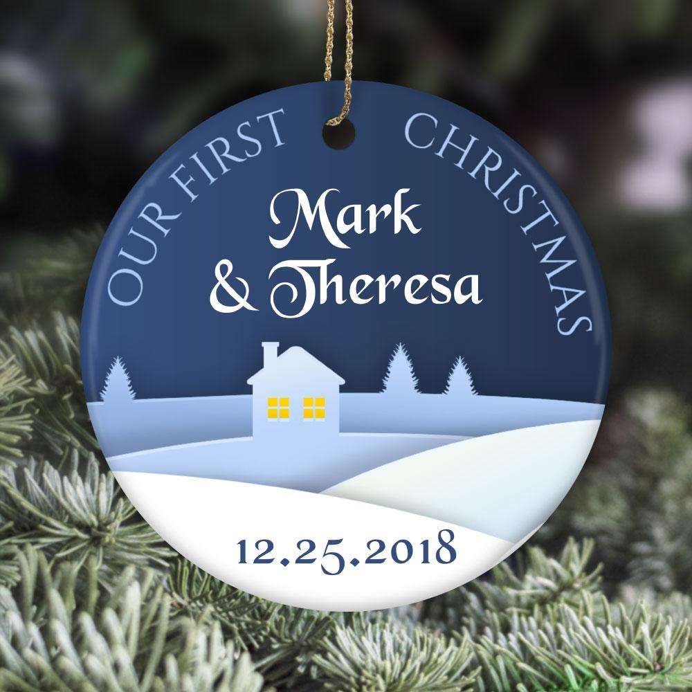 Designs by MyUtopia Shout Out:First Christmas Together Personalized with Names and Date Ceramic Circle Ornament,White / One Size,Personalized Christmas Ornament