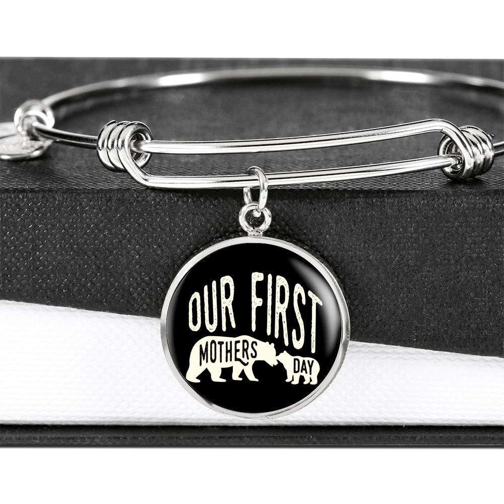 Designs by MyUtopia Shout Out:First Mothers Day Momma Bear / Baby Bear Engravable Keepsake Bangle Round Bracelet - Black,Silver / No,Bracelets