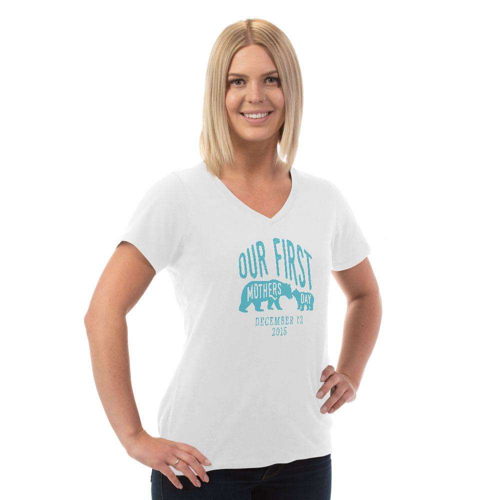 Designs by MyUtopia Shout Out:First Mothers Day Momma Bear / Baby Bear Personalized Ladies V Neck Tee