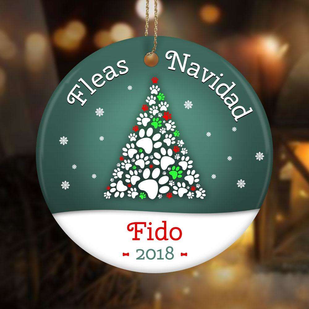 Designs by MyUtopia Shout Out:Fleas Navidad Christmas Tree of Paws Personalized With Dog's Name and Date Ceramic Circle Ornament