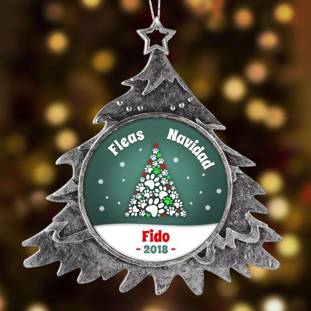 Designs by MyUtopia Shout Out:Fleas Navidad Dog Paw Print Christmas Tree Personalized Keepsake Ornament