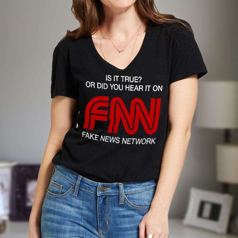 Designs by MyUtopia Shout Out:FNN Fake News Network Trump Humor Ladies' V-Neck T-Shirt