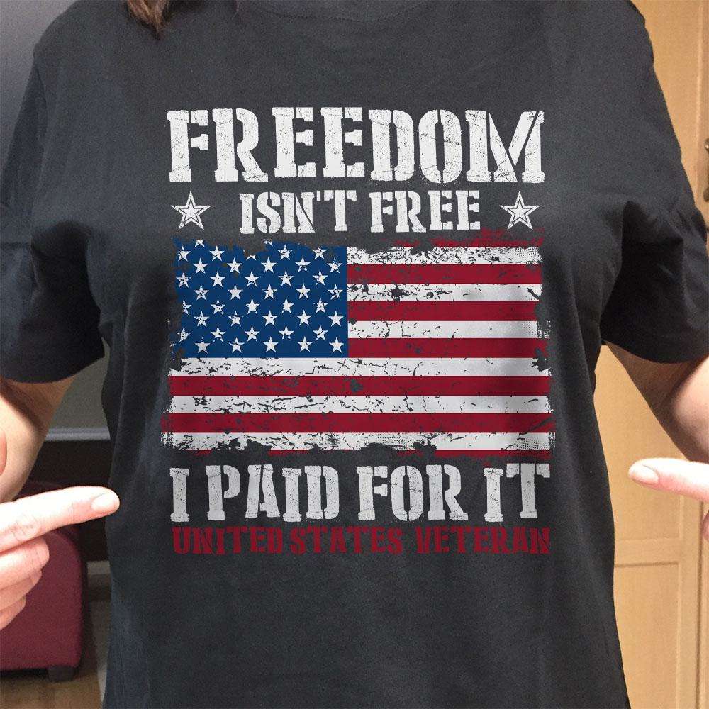 Designs by MyUtopia Shout Out:Freedom Isn't Free, I Paid For It, US Veteran, US Flag Adult Unisex Cotton Short Sleeve T-Shirt