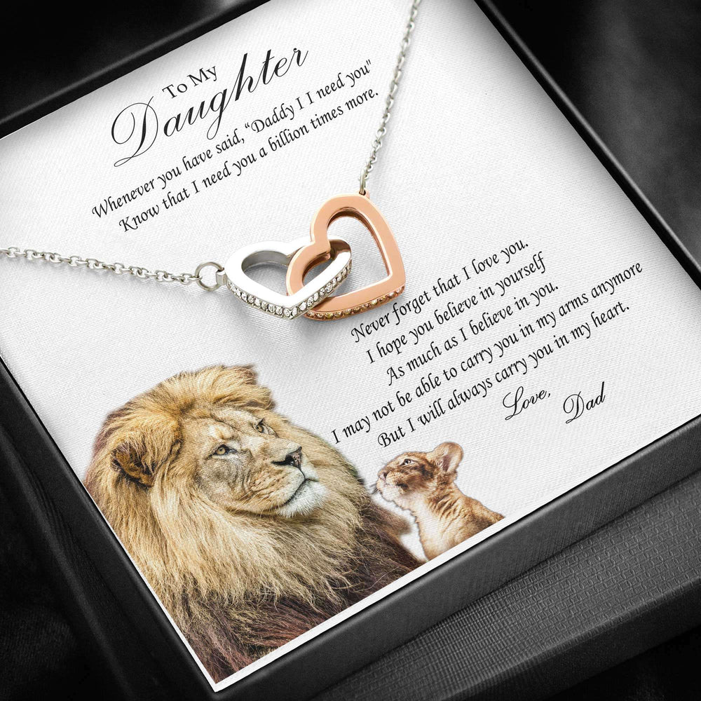 Designs by MyUtopia Shout Out:From Dad to Daughter Gift Necklace with Personalized Message Card - Interlocking Pair of Hearts Cubic Zirconia Necklace with Lion Message Card,Standard Box / White and Rose Gold,Interlocking Hearts Crystal Necklace