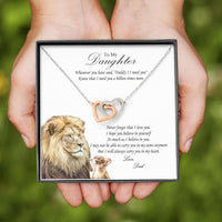 Load image into Gallery viewer, Designs by MyUtopia Shout Out:From Dad to Daughter Gift Necklace with Personalized Message Card - Interlocking Pair of Hearts Cubic Zirconia Necklace with Lion Message Card

